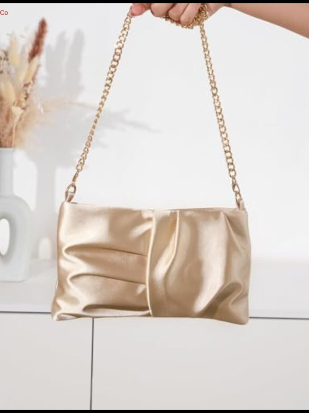 Satin Evening Clutch Ruched Rectangular Detachable Chain Snap Closure - Picture 4 of 6